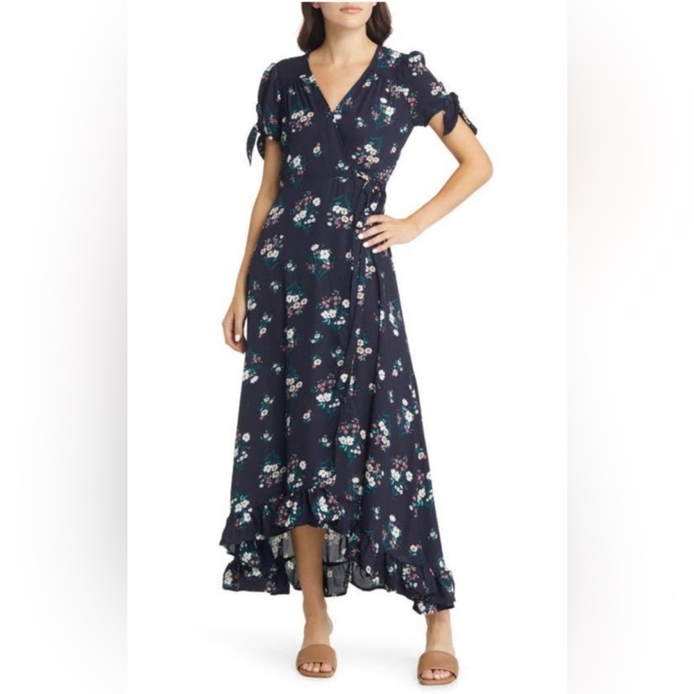 CHELSEA 28 Navy floral tie sleeve wrap maxi dress size S.